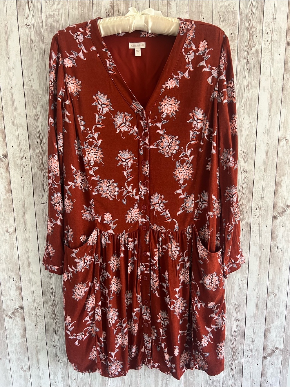 Garnet Hill Rust Floral Drop Waist Button-Front Long Sleeve Dress Boho Size 4
